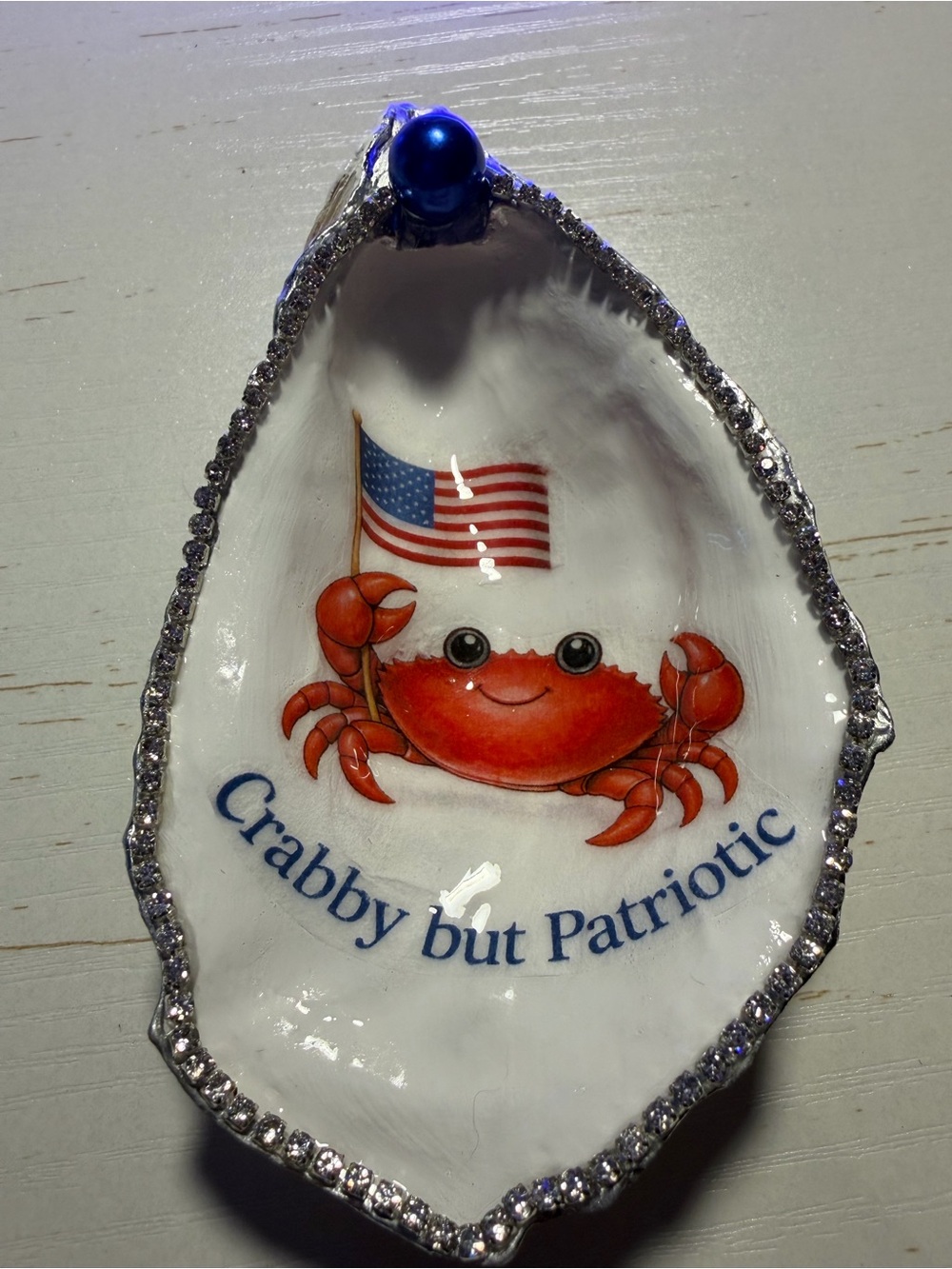 Handmade crabby but patriotic red crab decoupage oyster shell trinket dish